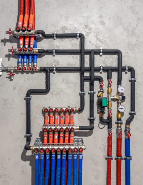 Repairing damaged plumbing pipes in commercial building.